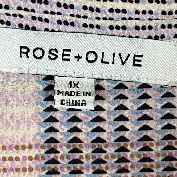 Rose & Olive Button Up Shirt 1X Geometric Pastel 3/4 Sleeve Work‎ Semi Sheer - Picture 3 of 10